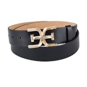 Sam Edelman Black Leather Belt with Gold Signature Buckle
